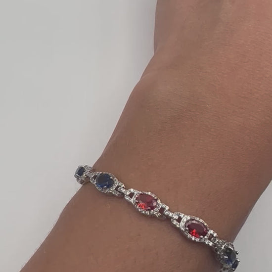 Sterling silver tennis bracelet with blue and red crystals