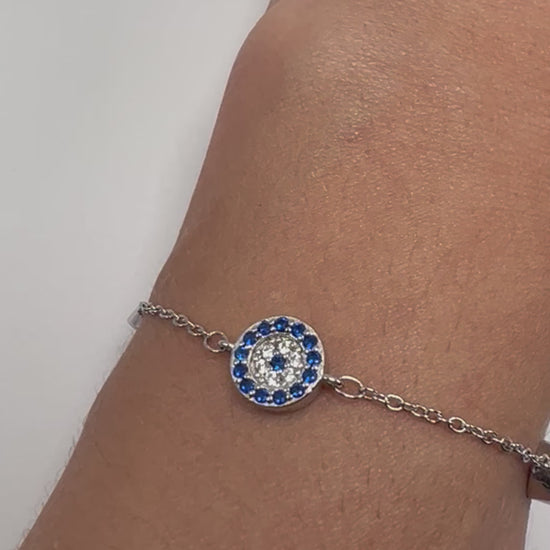 Sterling silver tennis bracelet with white and blue crystals